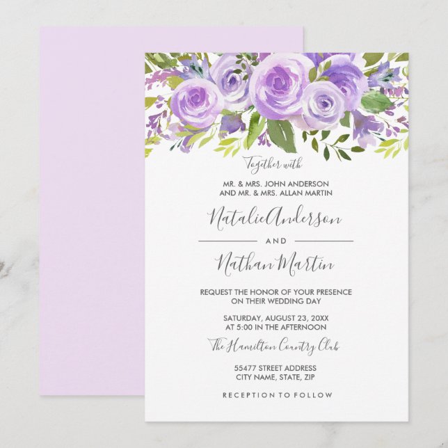 Invitación Boda de Rosa floral Purple Lavender (Anverso / Reverso)