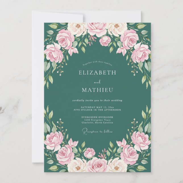 Invitación Boda de Rosa Floreciendo Verde Azul (Anverso)