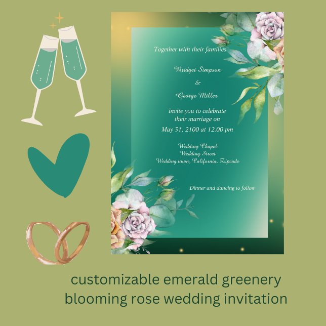 Invitación boda de rosa floreciente de esmeralda (customizable emerald greenery blooming rose wedding invitation by wedding Hobinishop)