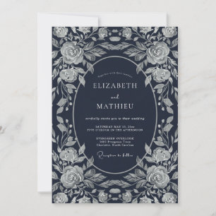 Invitación Boda de Rosa Grabada en Madera Azul Marino