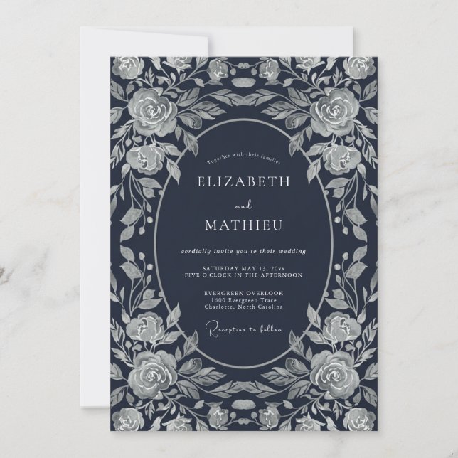 Invitación Boda de Rosa Grabada en Madera Azul Marino (Anverso)