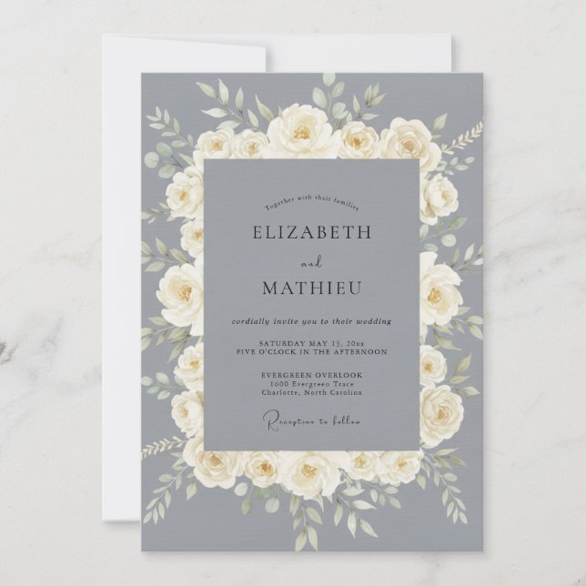 Invitación Boda de Rosa Gris Crema (Anverso)
