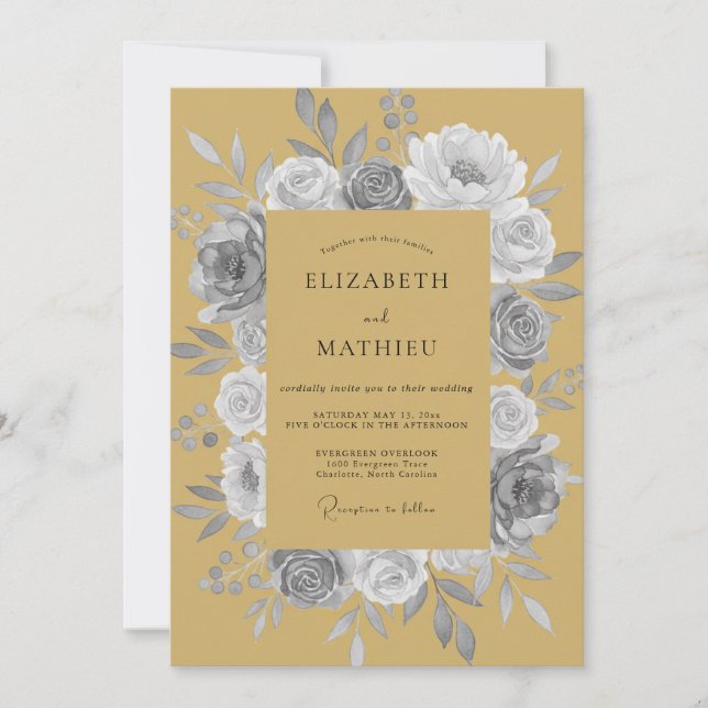 Invitación Boda de Rosa Gris Mostaza (Anverso)