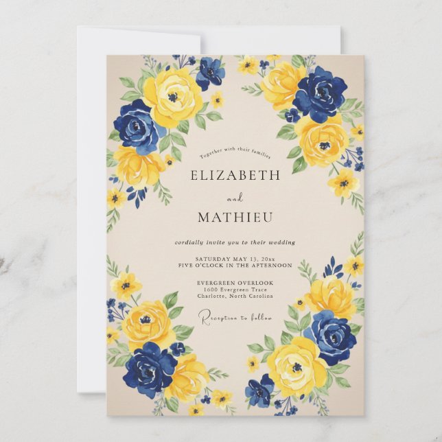 Invitación Boda de Rosa Índigo Amarilla (Anverso)