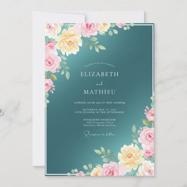 Invitación Boda de Rosa Luminosa Teal (Anverso)