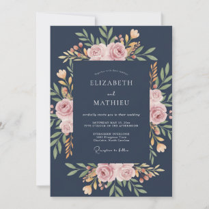 Invitación Boda de Rosa Majestuosa Azul Marino