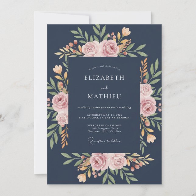 Invitación Boda de Rosa Majestuosa Azul Marino (Anverso)