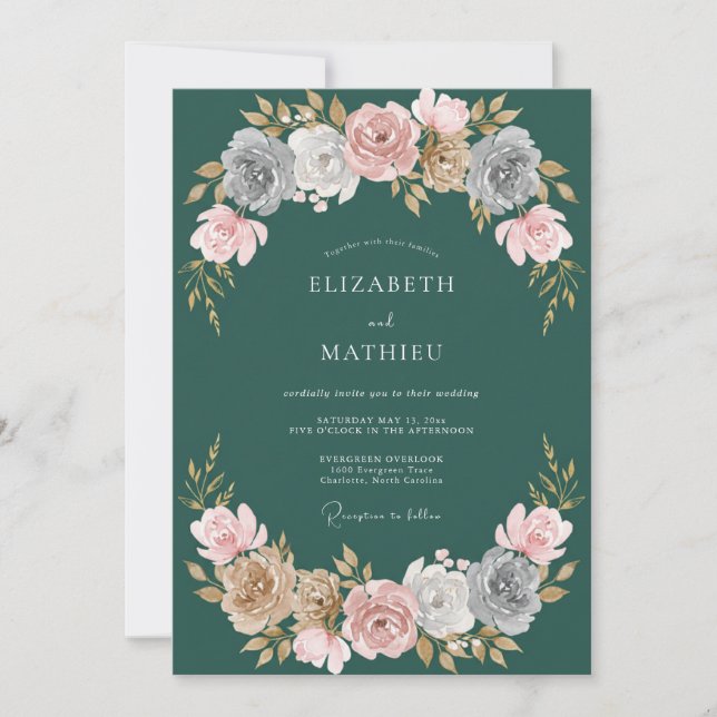 Invitación Boda de Rosa Majestuosa Hunter Verde (Anverso)