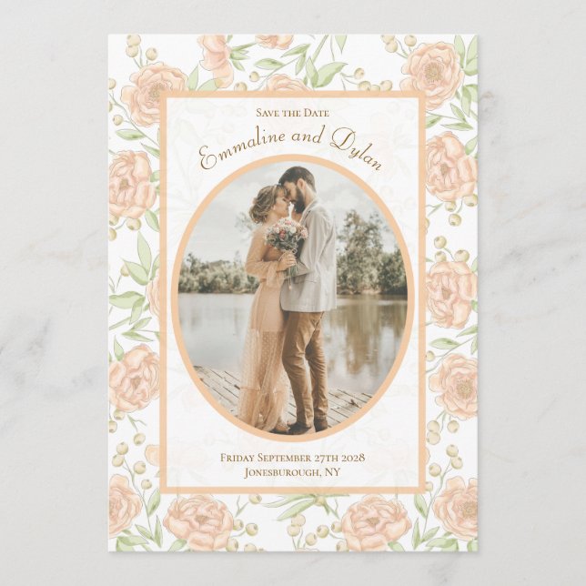 Invitación Boda de Rosa Melocotón Guardar la Fecha (Anverso)