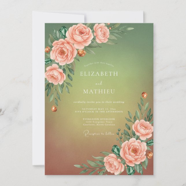 Invitación Boda de Rosa Melocotón Oliva (Anverso)