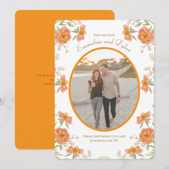Invitación Boda de Rosa Naranja Guardar la Fecha (Anverso / Reverso)