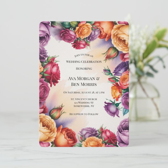 Invitación Boda de rosa naranja y púrpura con código QR (Anverso de pie)
