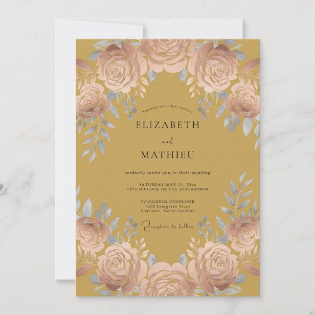 Invitación Boda de Rosa Opulenta Amarillo Mostaza (Anverso)