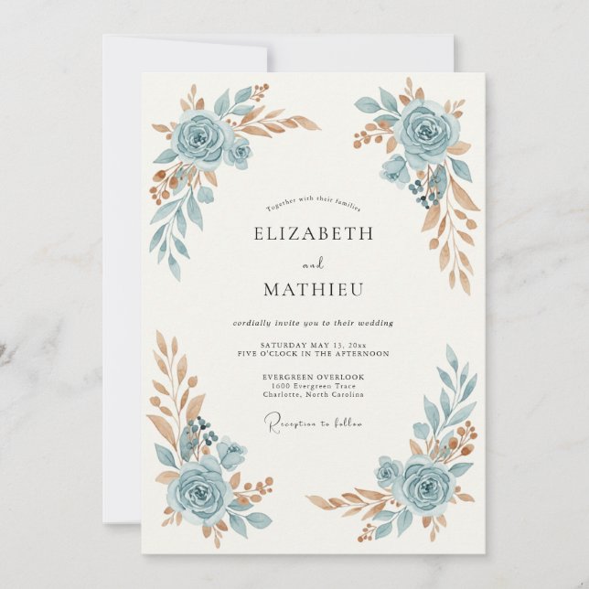 Invitación Boda de Rosa Ornata Azul Pizarra (Anverso)