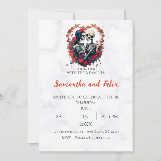 Invitación Boda de Rosa Oval Mármol Esqueleto (Anverso)
