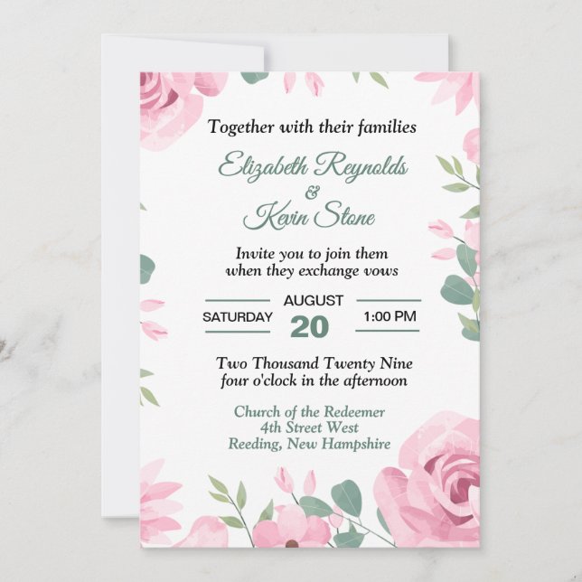 Invitación Boda de Rosa Pastel y Verde Mar (Anverso)