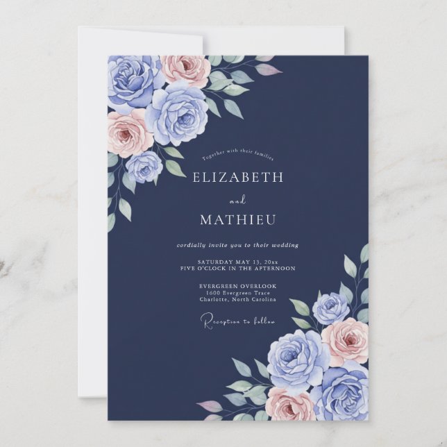 Invitación Boda de Rosa Periwinkle Azul Marino (Anverso)