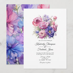 Invitación Boda de Rosa Pétalo, Azul Centaurea y Púrpura Malv