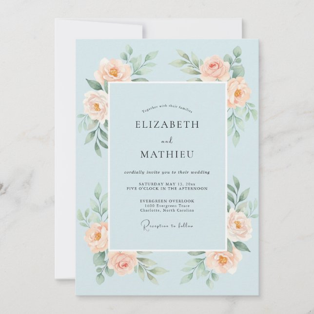 Invitación Boda de Rosa Pintada Azul Cielo (Anverso)