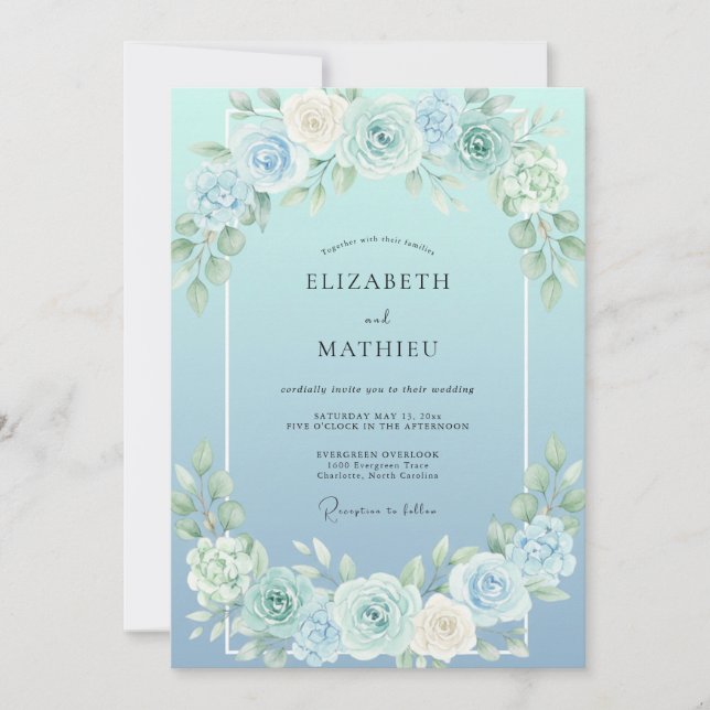 Invitación Boda de Rosa Pintada Cerúlea (Anverso)