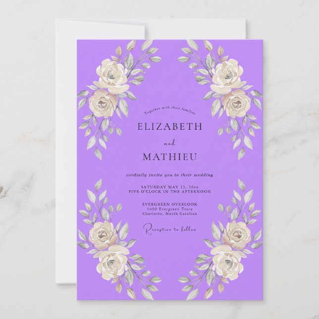 Invitación Boda de Rosa Pintada de Lila (Anverso)