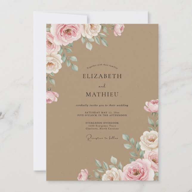 Invitación Boda de Rosa Pintada de Taupe (Anverso)