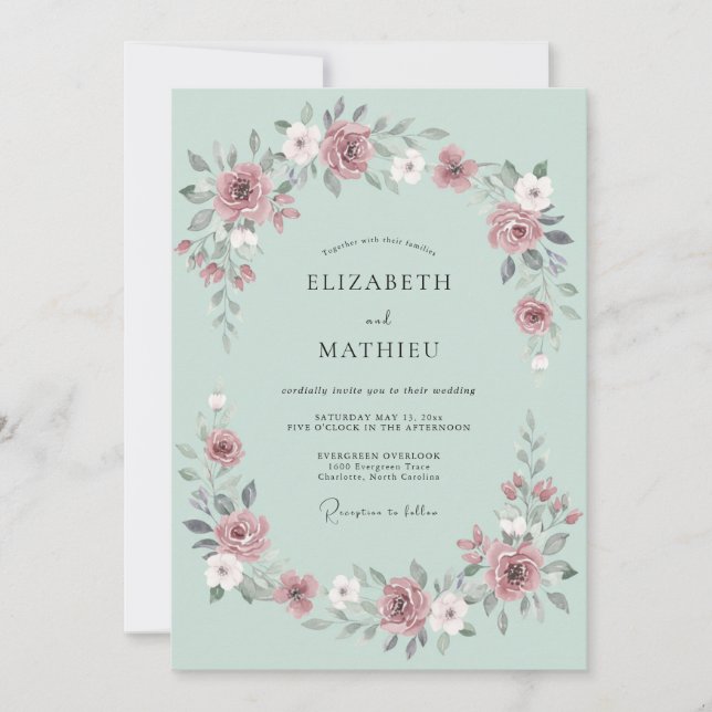 Invitación Boda de Rosa Pintoresca Verde Salvia (Anverso)