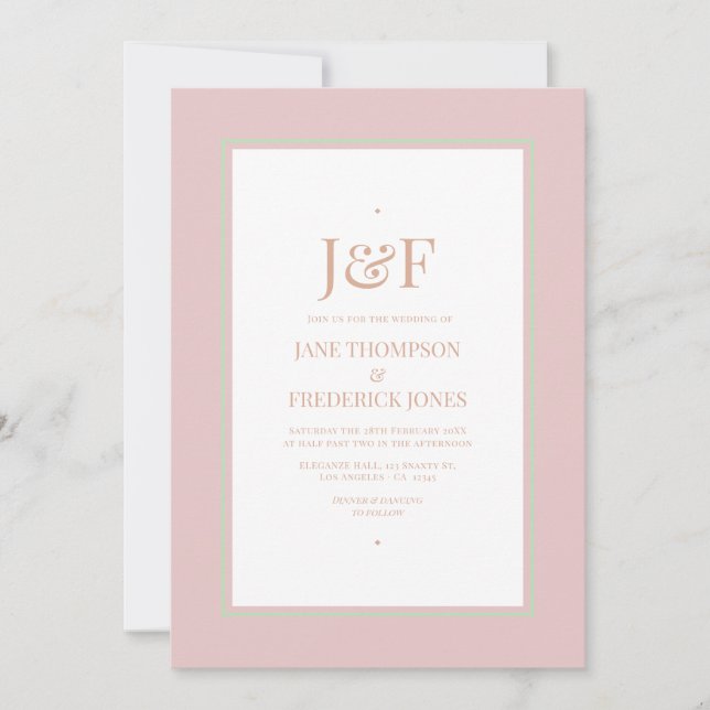 Invitación Boda de Rosa Polvorienta, Verde Menta y Rubor (Anverso)