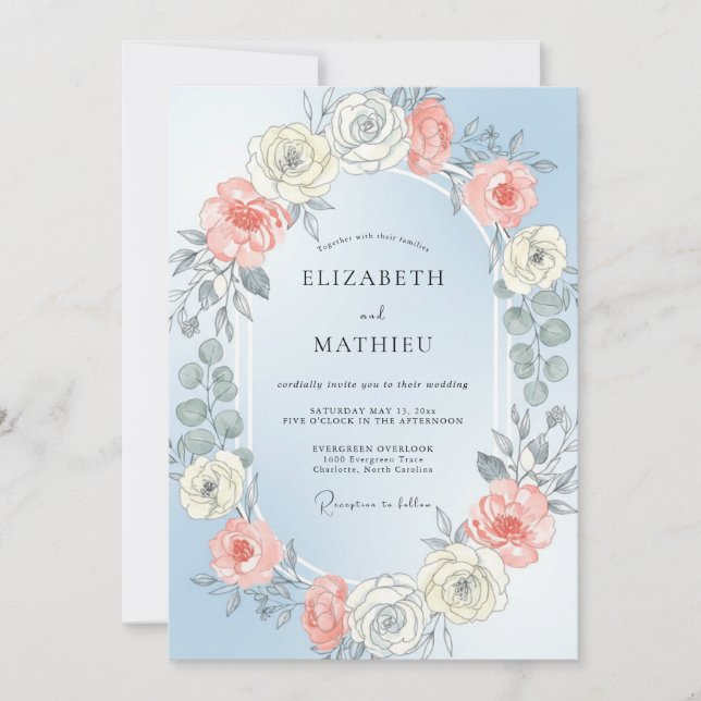 Invitación Boda de Rosa Radiante Azul Polvo (Anverso)