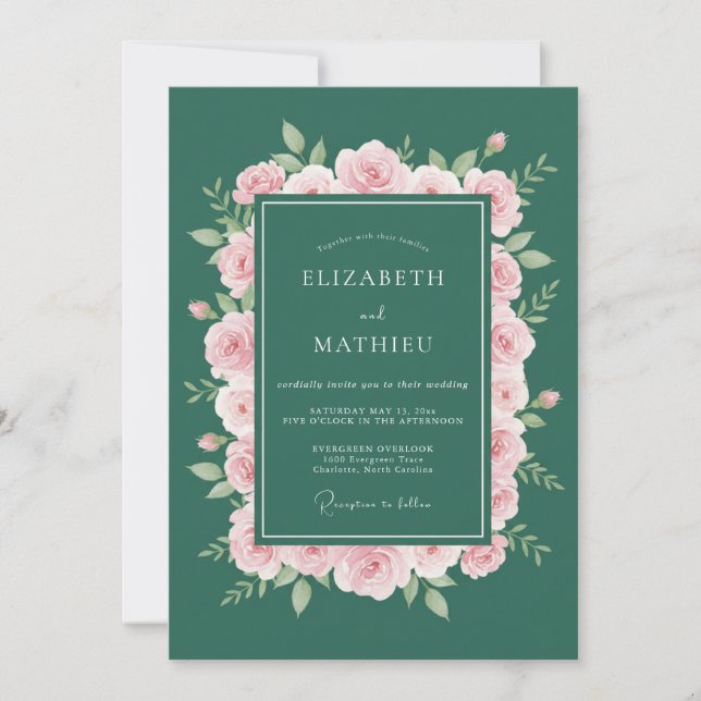 Invitación Boda de Rosa Refinada Verde Esmeralda (Anverso)