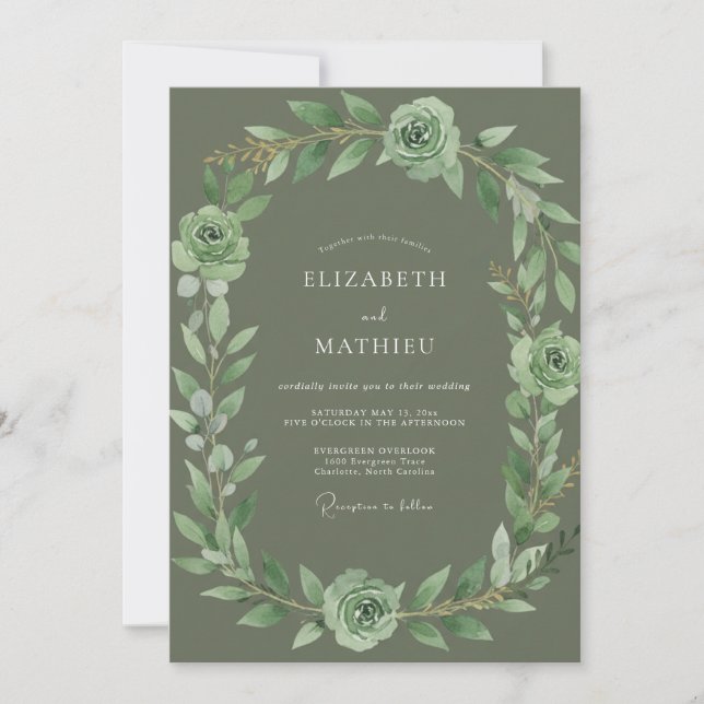 Invitación Boda de Rosa Refinada Verde Salvia (Anverso)