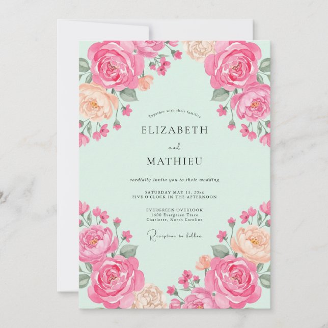 Invitación Boda de Rosa Refrescante Verde Menta (Anverso)