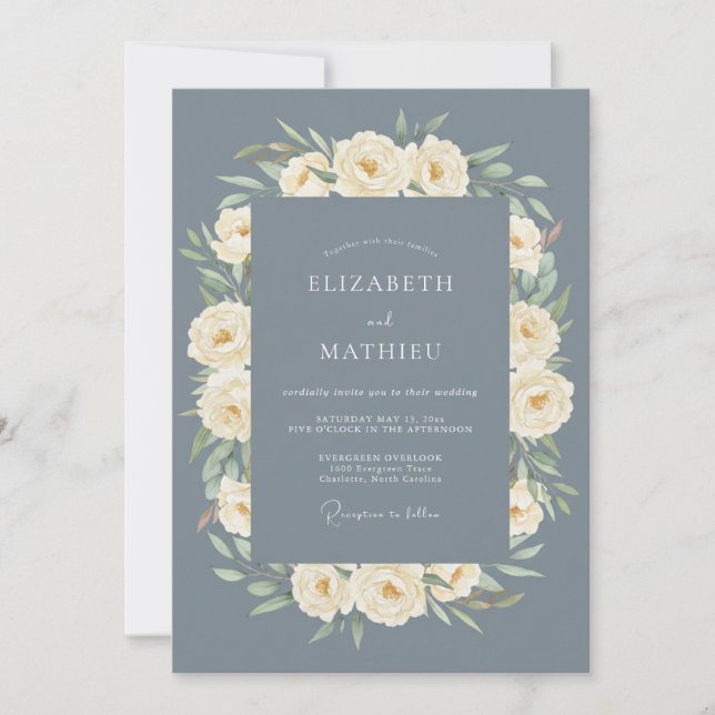 Invitación Boda de Rosa Regal Azul Pizarra (Anverso)