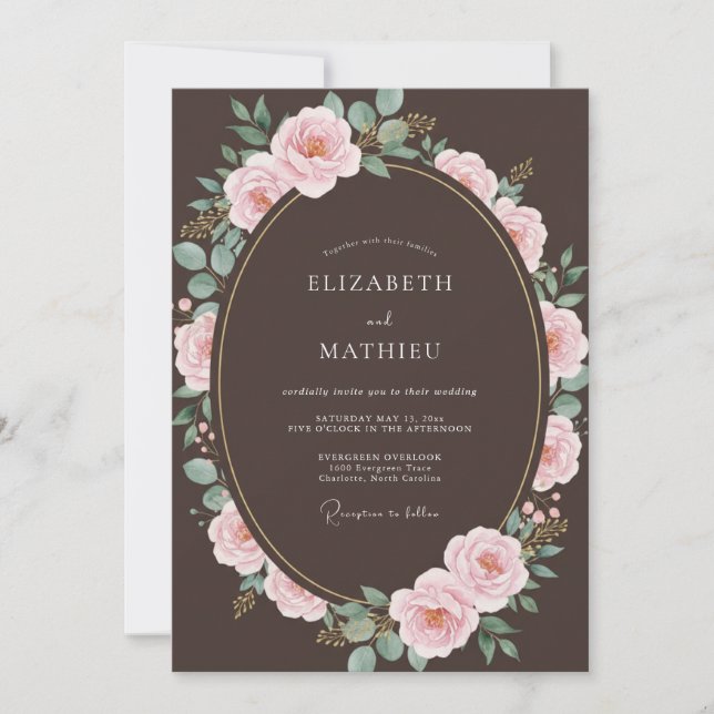 Invitación Boda de Rosa Resplandeciente Café Espresso (Anverso)