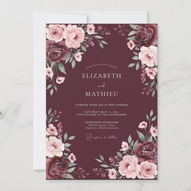 Invitación Boda de Rosa Resplandeciente de Borgoña (Anverso)