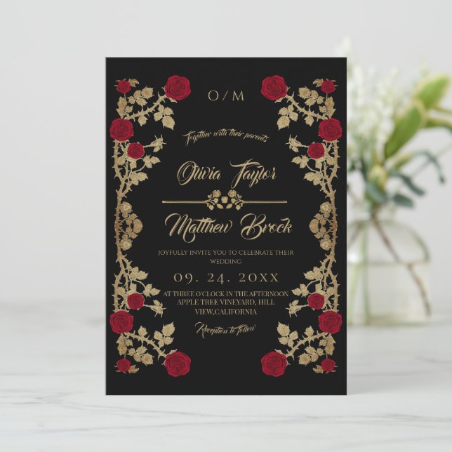 Invitación Boda de rosa roja boho ⎮ Borgoña y negro (Anverso de pie)