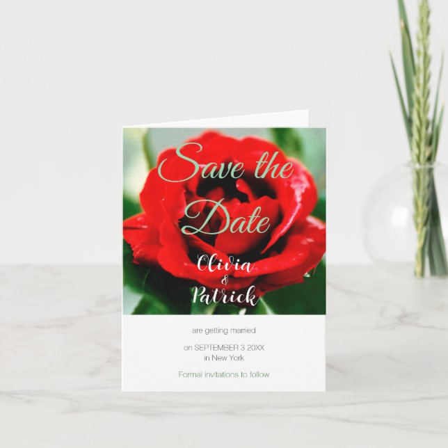 Invitación Boda de Rosa Roja Guardar Fecha  (Anverso)