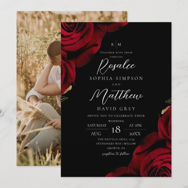 Invitación Boda de rosa roja moderna y trendy personalizada (Anverso / Reverso)