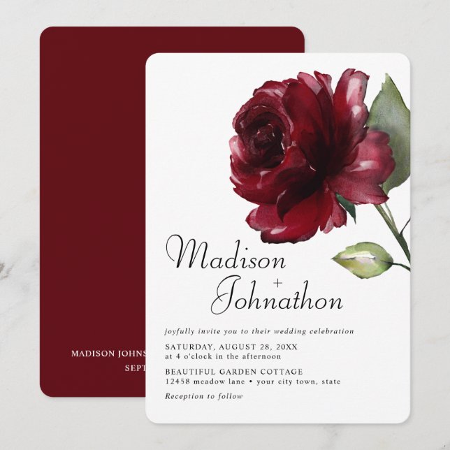 Invitación Boda de rosa roja profunda borgoña acuarela mínima (Anverso / Reverso)