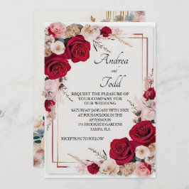 Invitación Boda de rosa rojo acuarela
