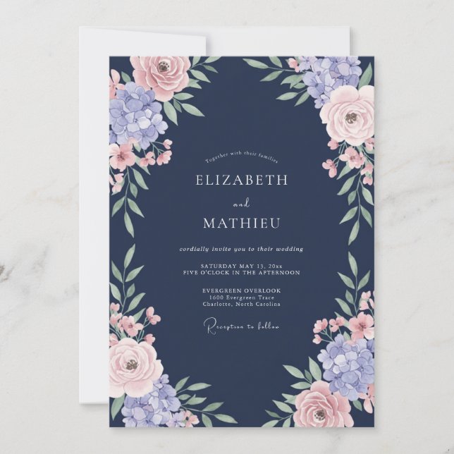 Invitación Boda de Rosa Romántica Azul Marino (Anverso)