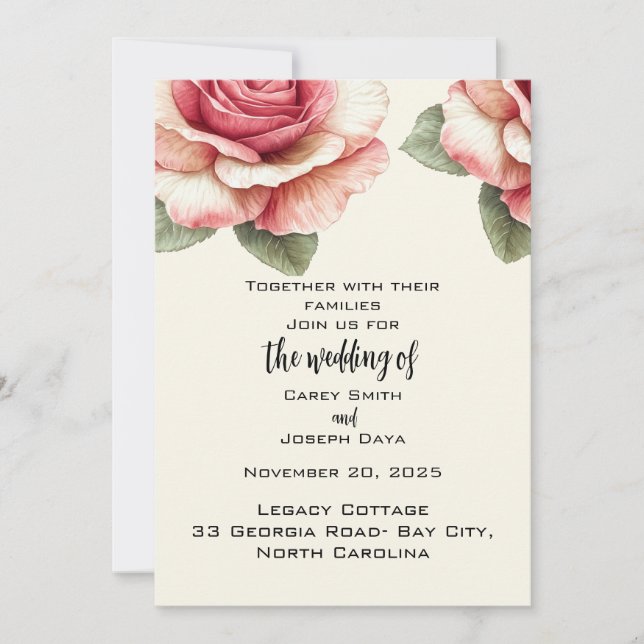 Invitación Boda de rosa rosa deslucida  (Anverso)