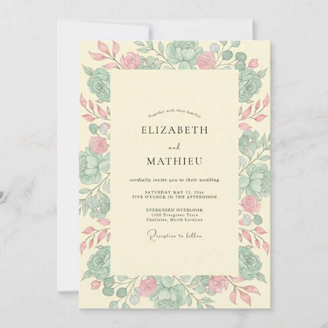 Invitación Boda de Rosa Rosa Mint (Anverso)
