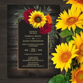 Invitación Boda de Rosa Rústico Wood Sunflower Burgundy