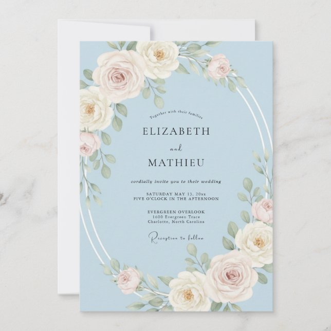 Invitación Boda de Rosa Serena Azul Claro (Anverso)