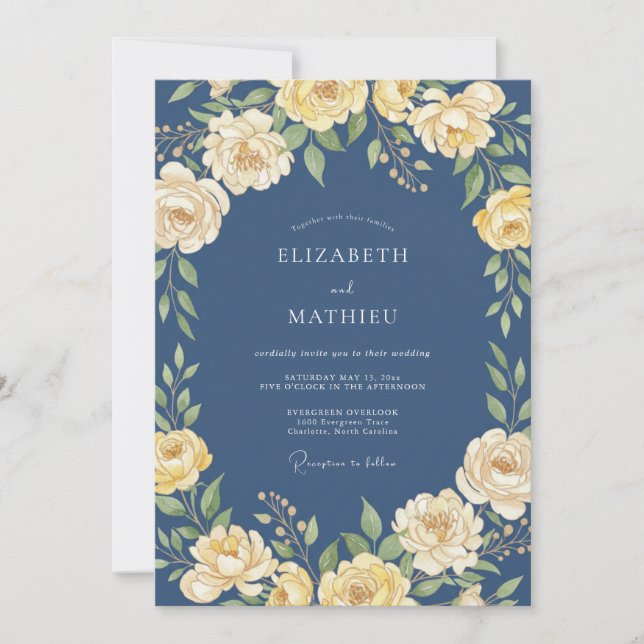 Invitación Boda de Rosa Sofisticada Azul Marino (Anverso)