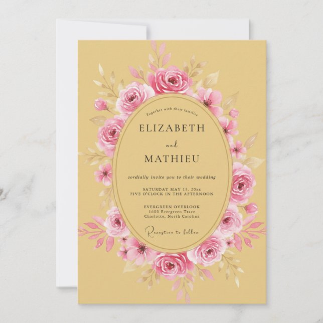 Invitación Boda de Rosa Soñadora Amarillo Mostaza (Anverso)