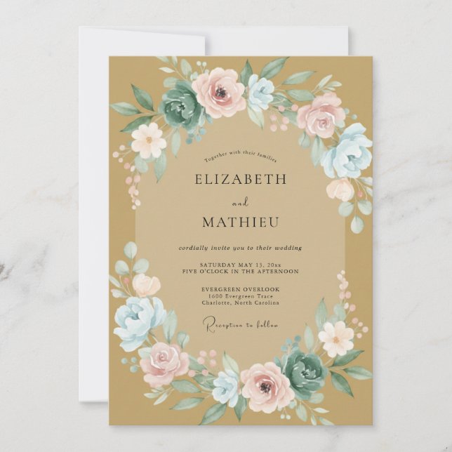 Invitación Boda de Rosa Sonrojada Verde Salvia (Anverso)