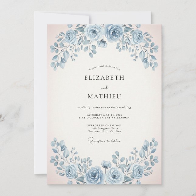 Invitación Boda de Rosa Suave Azul Polvo (Anverso)