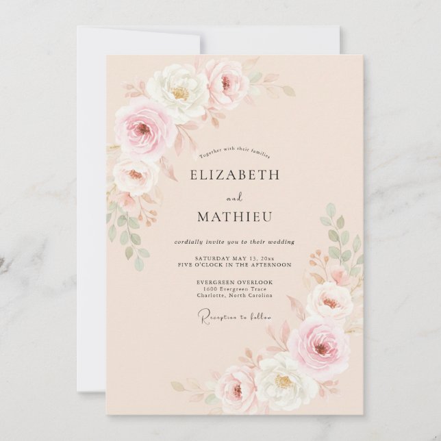 Invitación Boda de Rosa Suave Melocotón Florece (Anverso)
